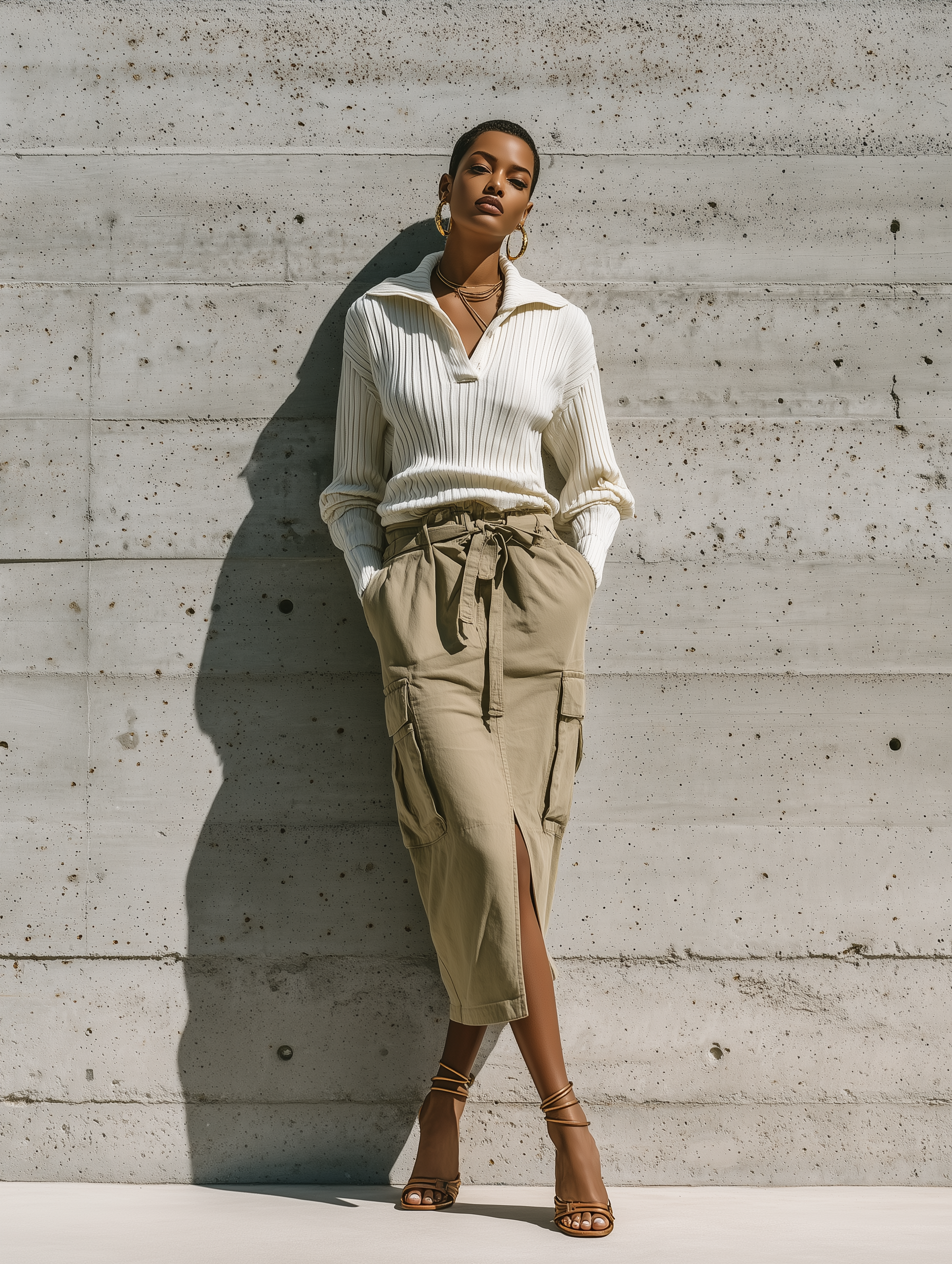 Women's Polo Collar Ribbed Top Cargo Skirt Set MDZ1456H3YZJ