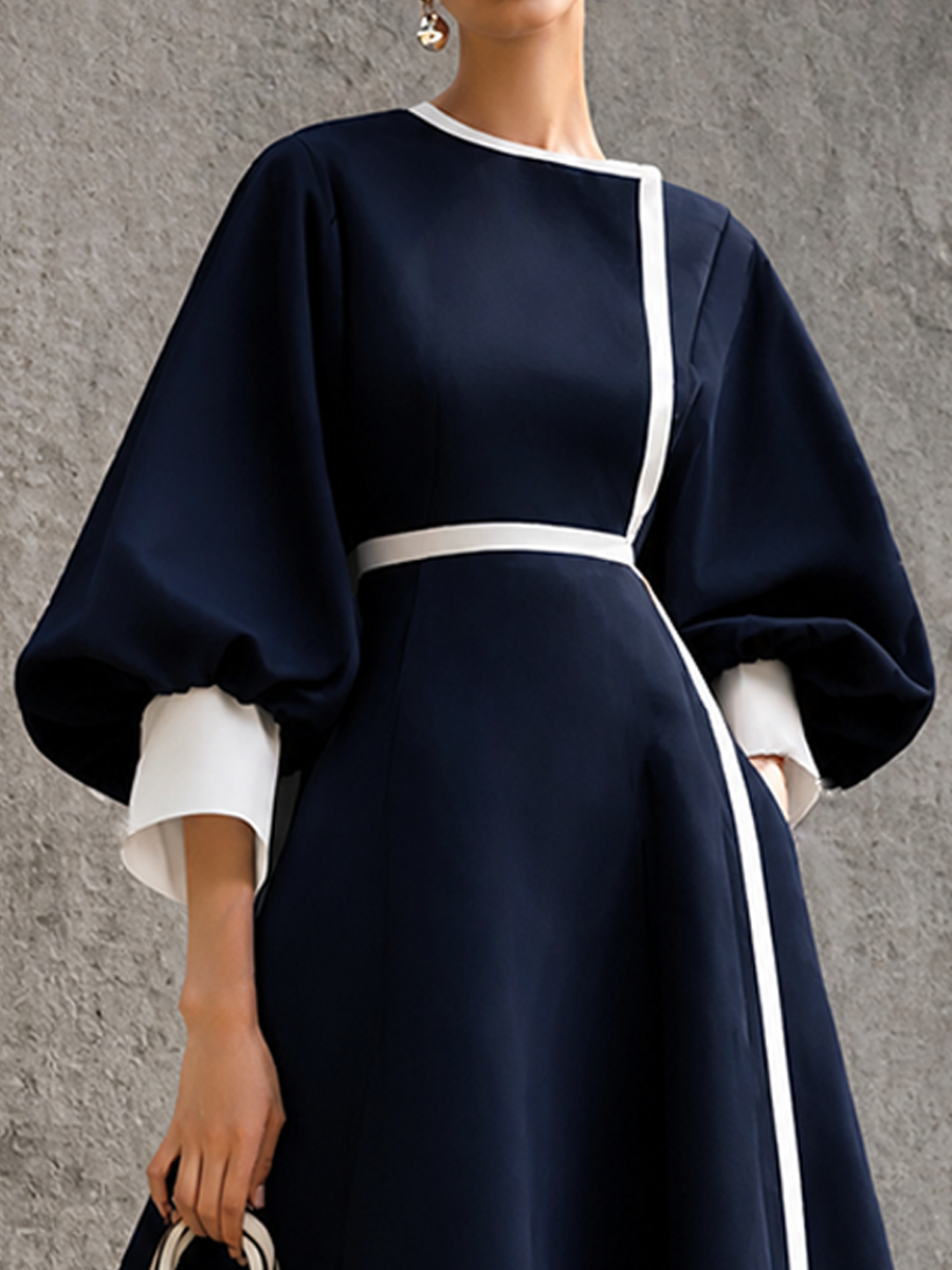 Women's Colorblock Elegant Puff Sleeve Maxi Dress MDZ1499H2GMJ