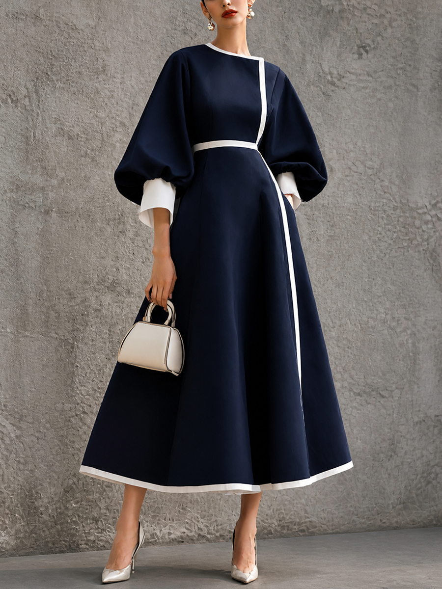 Women's Colorblock Elegant Puff Sleeve Maxi Dress MDZ1499H2GMJ