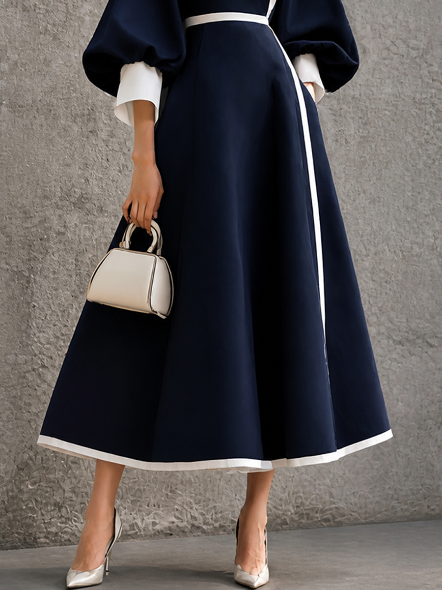 Women's Colorblock Elegant Puff Sleeve Maxi Dress MDZ1499H2GMJ