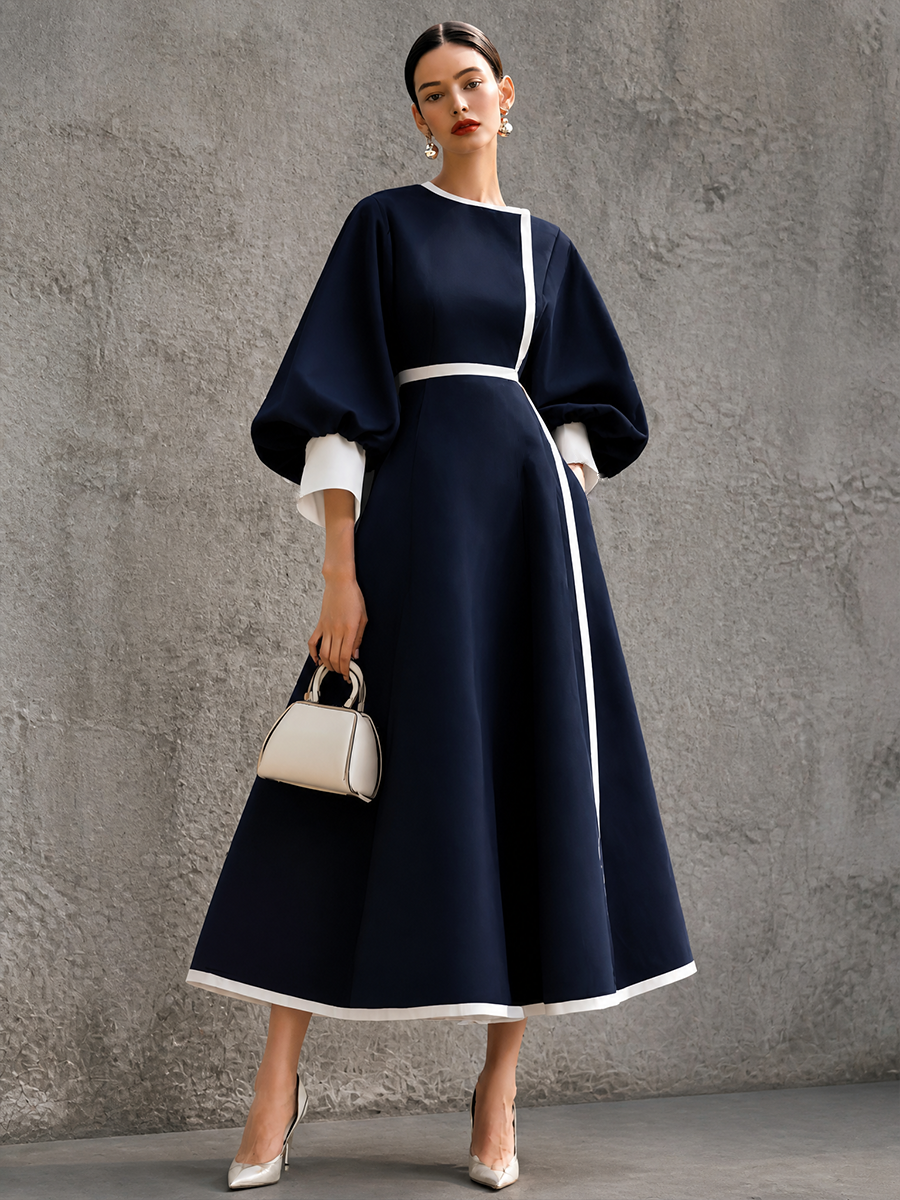 Women's Colorblock Elegant Puff Sleeve Maxi Dress MDZ1499H2GMJ