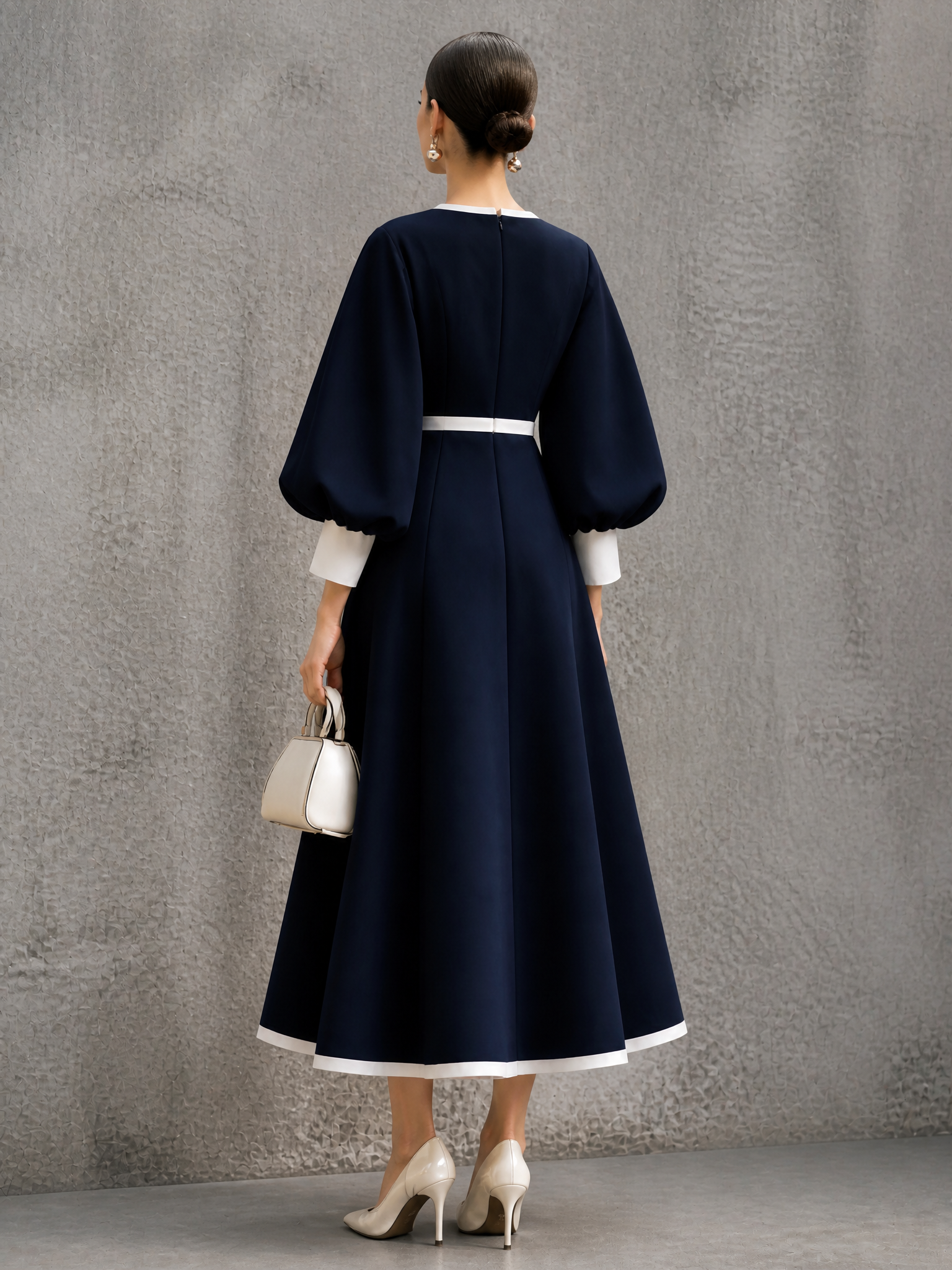 Women's Colorblock Elegant Puff Sleeve Maxi Dress MDZ1499H2GMJ