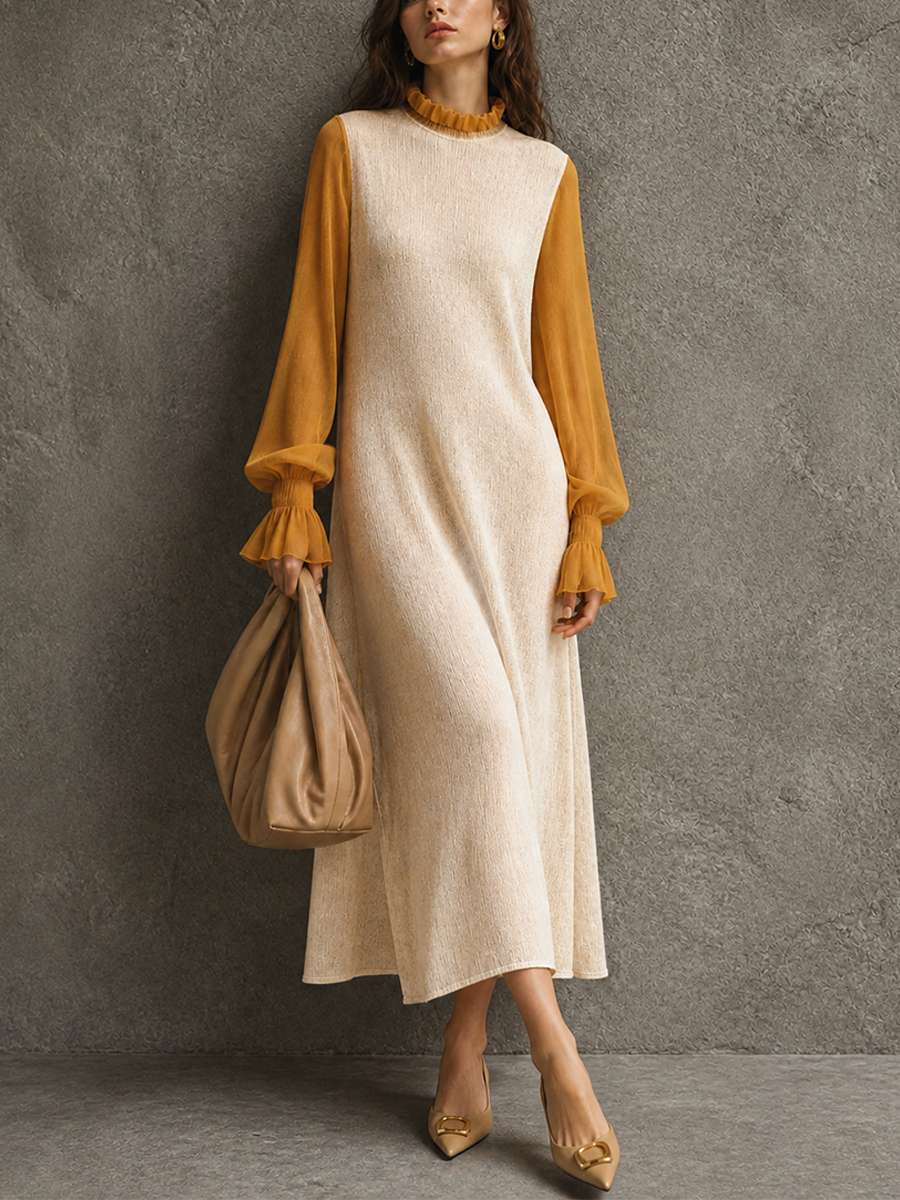 Women's Colorblock Elegant Knit Lantern Sleeve Maxi Dress MDZ1466H3GMJ