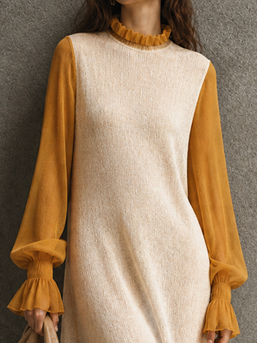 Women's Colorblock Elegant Knit Lantern Sleeve Maxi Dress MDZ1466H3GMJ