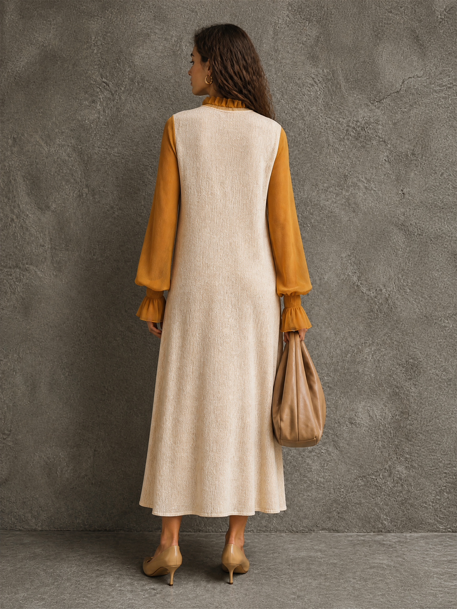 Women's Colorblock Elegant Knit Lantern Sleeve Maxi Dress MDZ1466H3GMJ