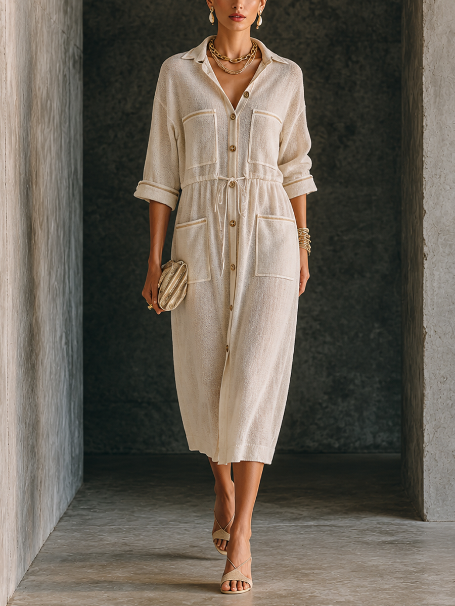 Women's Multi-Pocket Casual Knit Collared Midi Shirt Dress MDZ1427H3GMJ