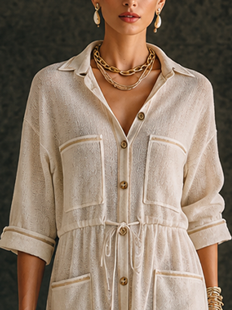 Women's Multi-Pocket Casual Knit Collared Midi Shirt Dress MDZ1427H3GMJ