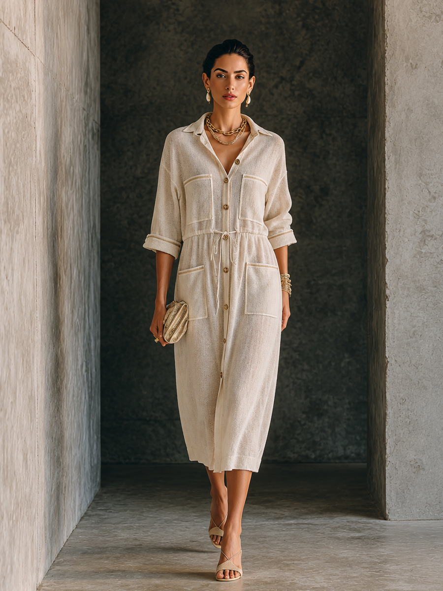 Women's Multi-Pocket Casual Knit Collared Midi Shirt Dress MDZ1427H3GMJ