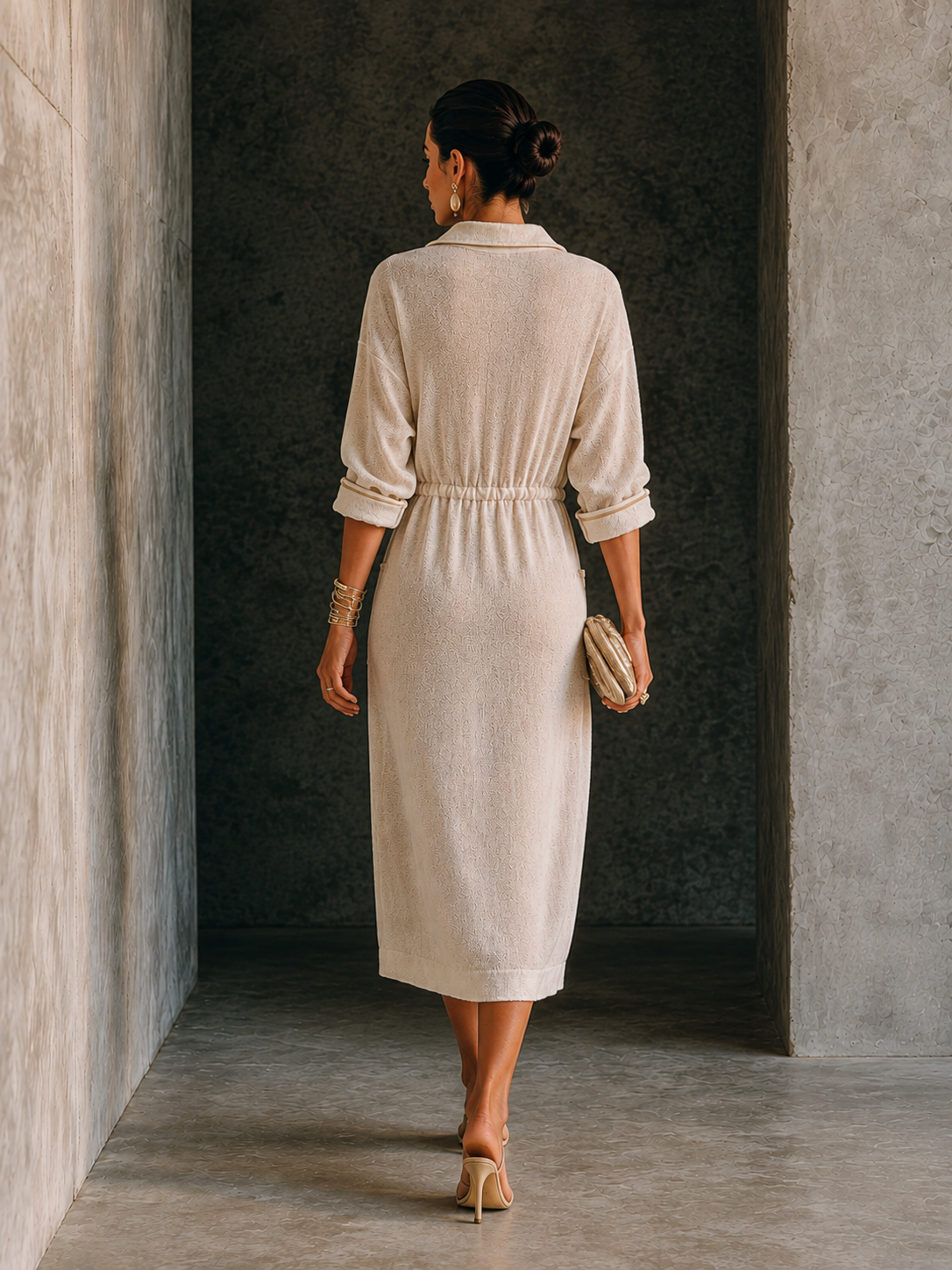 Women's Multi-Pocket Casual Knit Collared Midi Shirt Dress MDZ1427H3GMJ