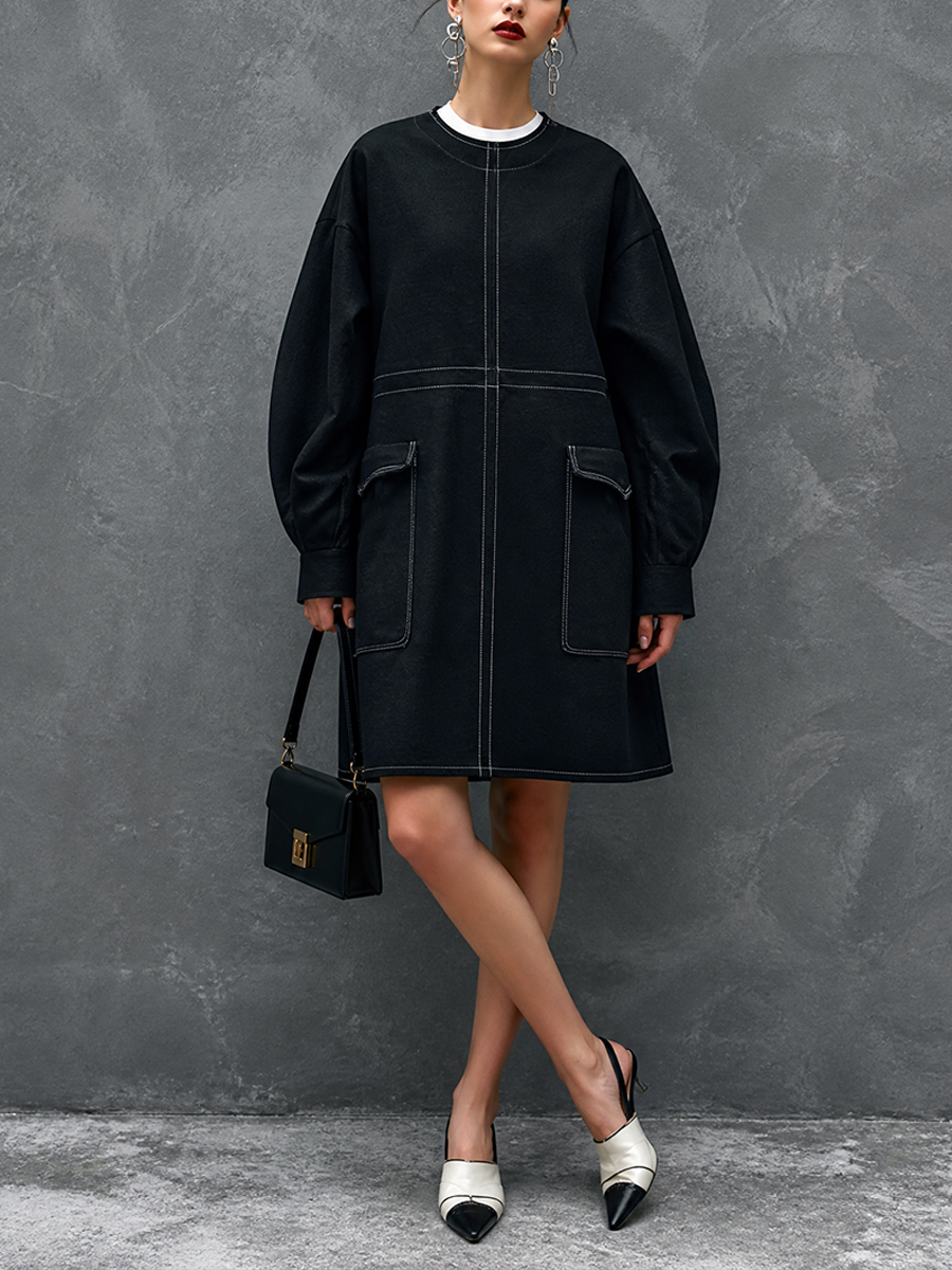 Women's Double-Collar Casual Contrast Stitch Mini Dress MDZ1437H4GMJ