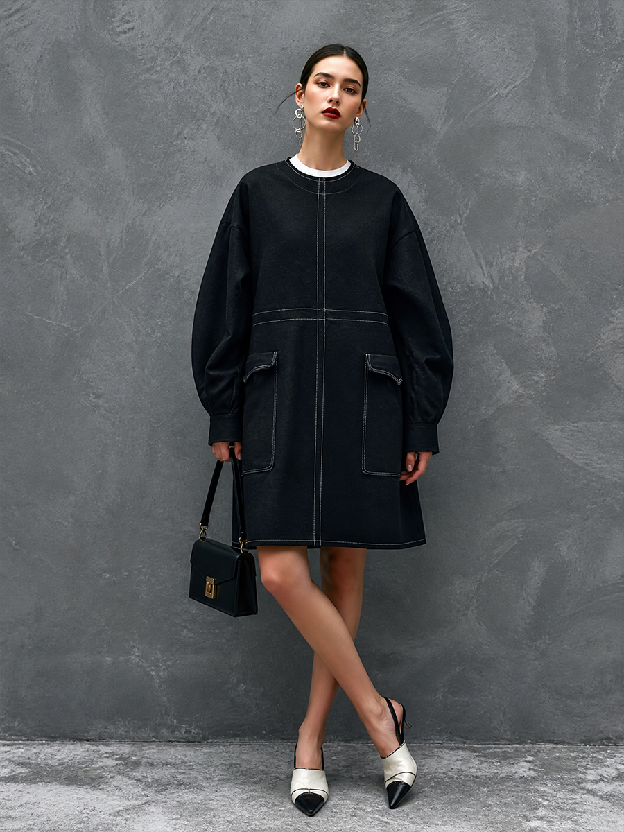 Women's Double-Collar Casual Contrast Stitch Mini Dress MDZ1437H4GMJ