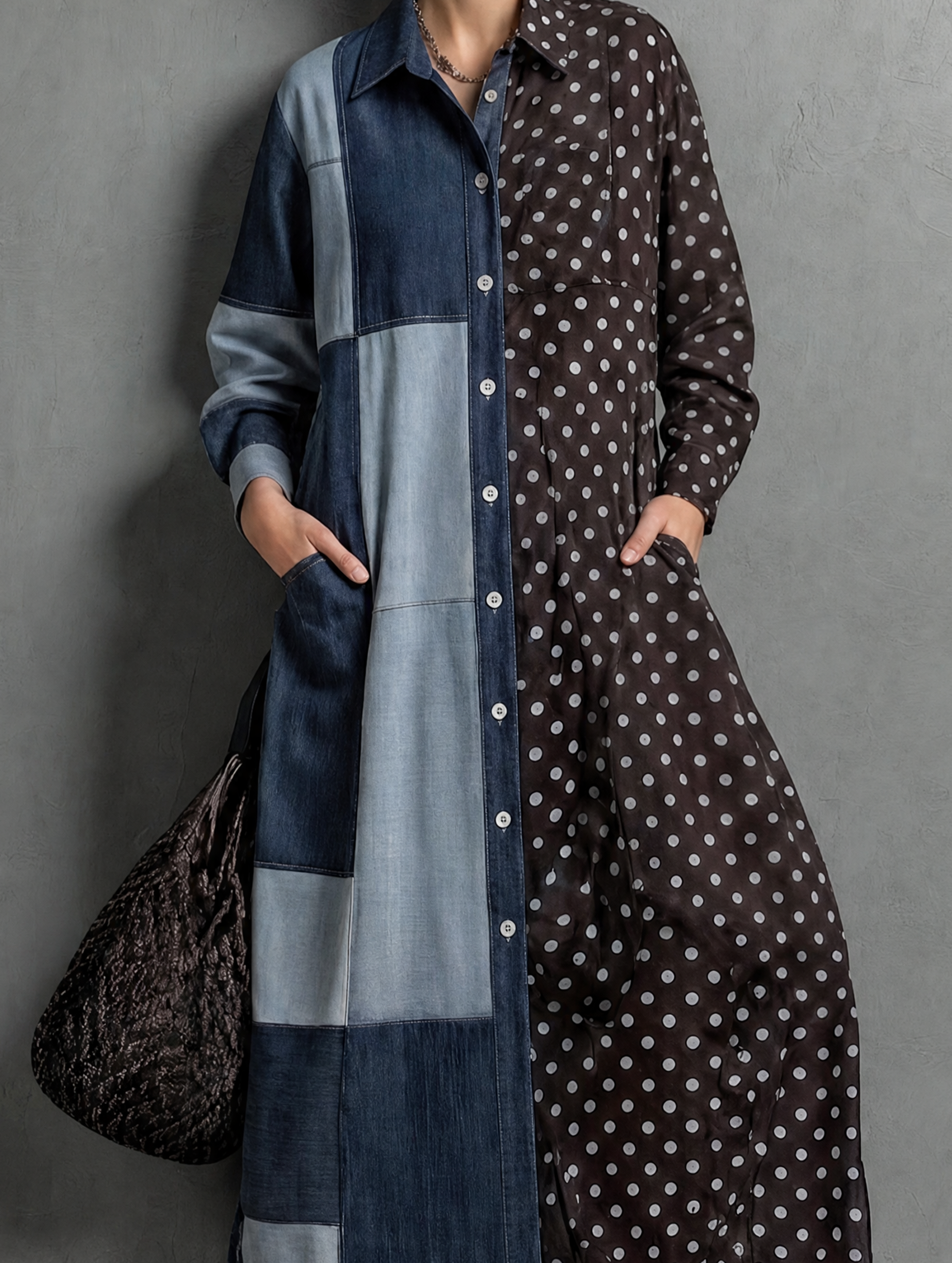 Women's Elegant Woven Faux-Denim And Polka-Dot Paneling Long-Sleeve Maxi Dress MDZ1464H5LXY