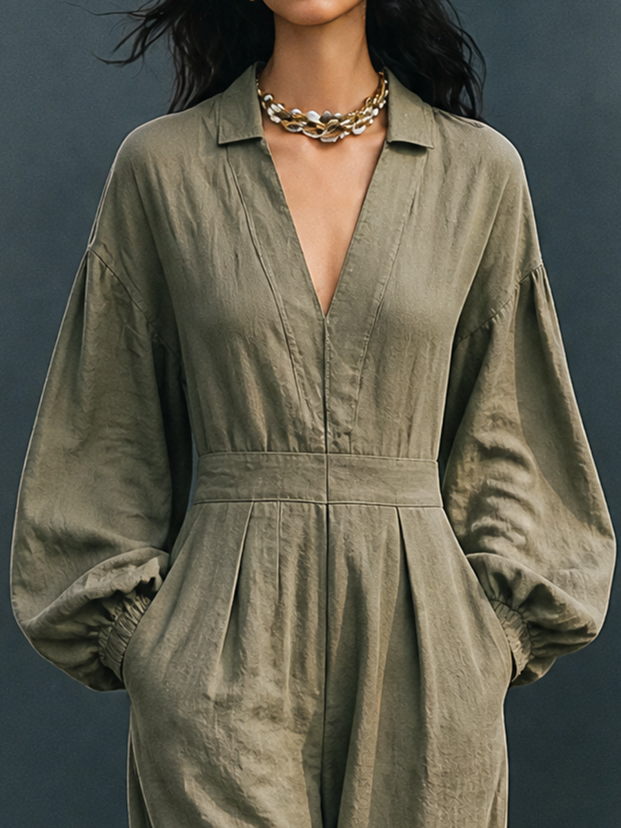 Women's V-Neck Casual Cotton Linen Wide-Leg Jumpsuit MDZ1423H3GMJ