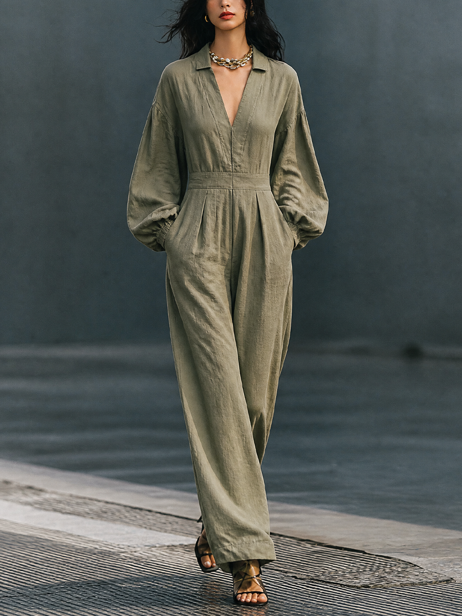 Women's V-Neck Casual Cotton Linen Wide-Leg Jumpsuit MDZ1423H3GMJ
