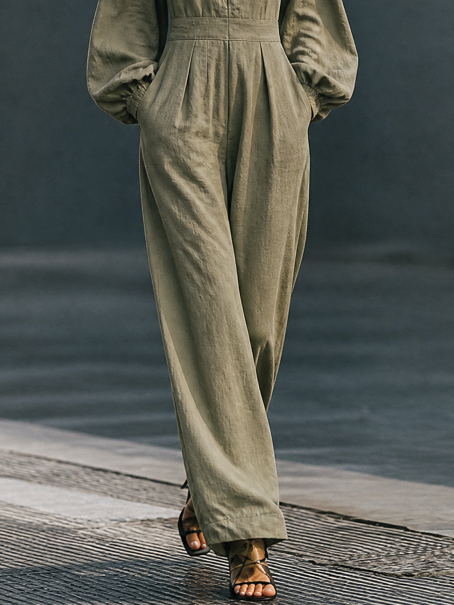 Women's V-Neck Casual Cotton Linen Wide-Leg Jumpsuit MDZ1423H3GMJ