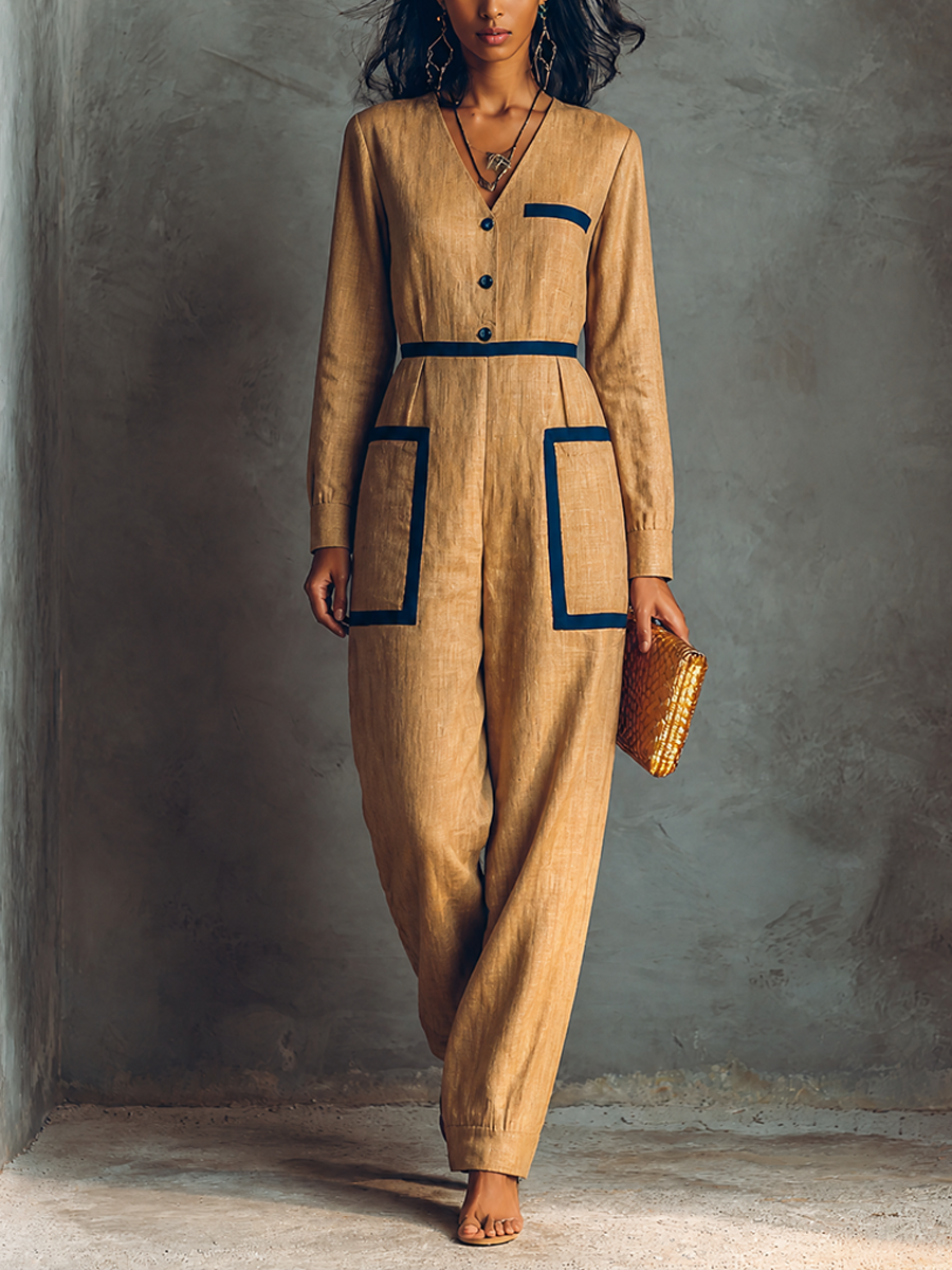 Women's Contrast Trim Elegant Cotton Linen Jumpsuit MDZ1400H8GMJ