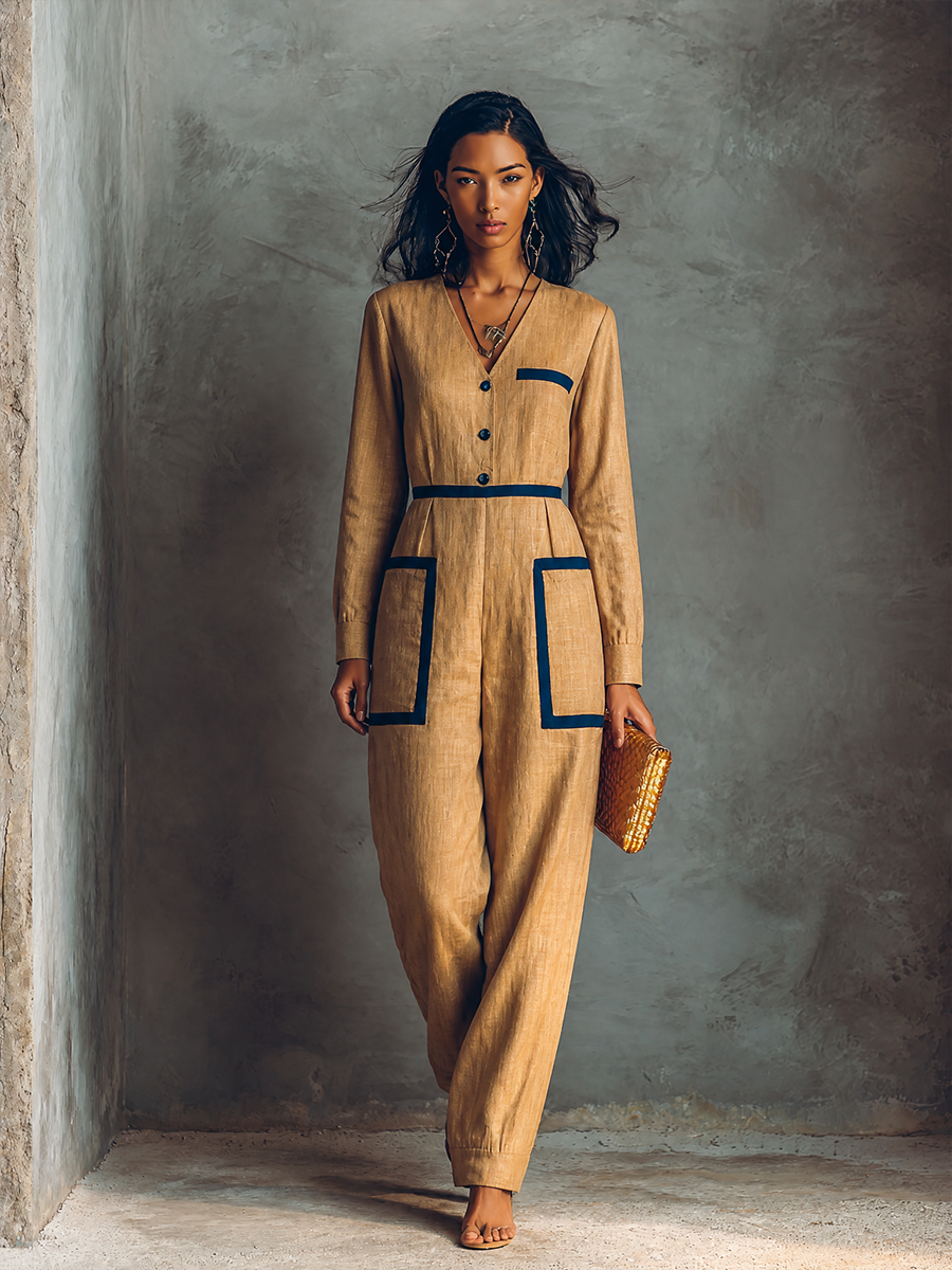 Women's Contrast Trim Elegant Cotton Linen Jumpsuit MDZ1400H8GMJ