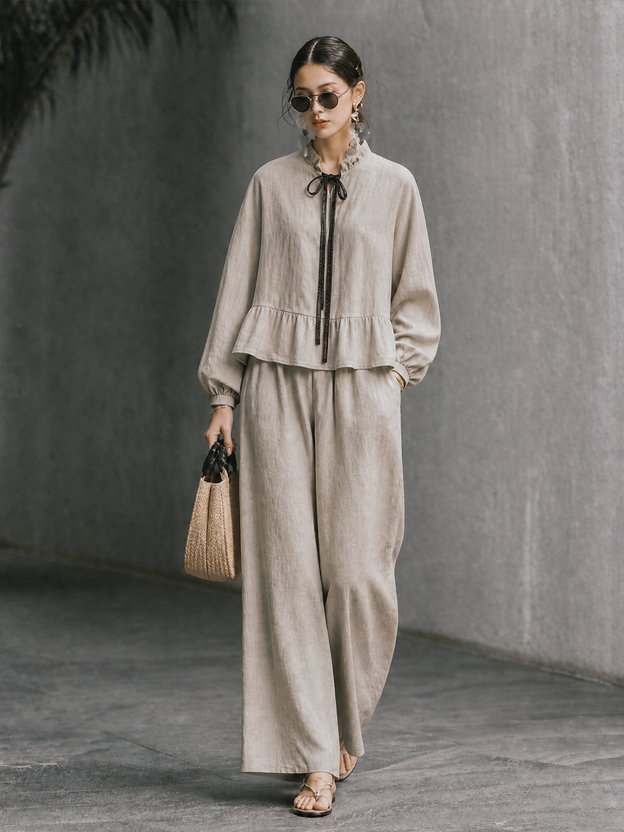 Women's Ruffle Collar Contrast Tie Vacation Cotton Linen Pants Set MDZ1445H6GMJ