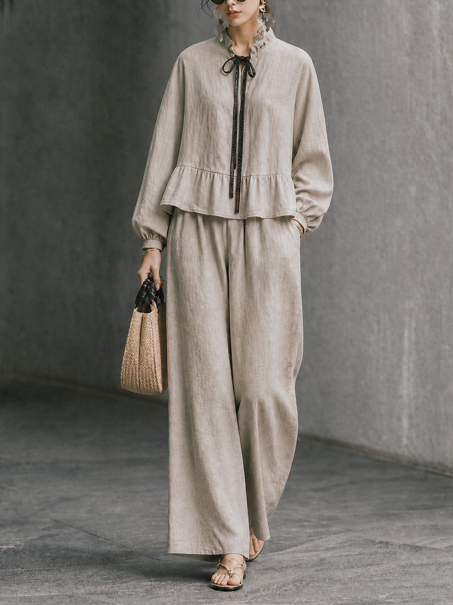 Women's Ruffle Collar Contrast Tie Vacation Cotton Linen Pants Set MDZ1445H6GMJ