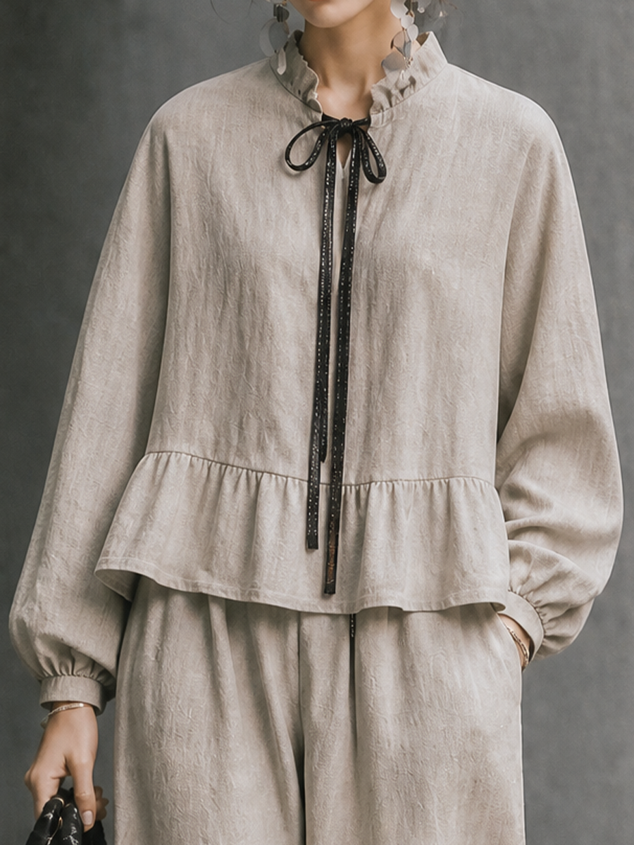 Women's Ruffle Collar Contrast Tie Vacation Cotton Linen Pants Set MDZ1445H6GMJ