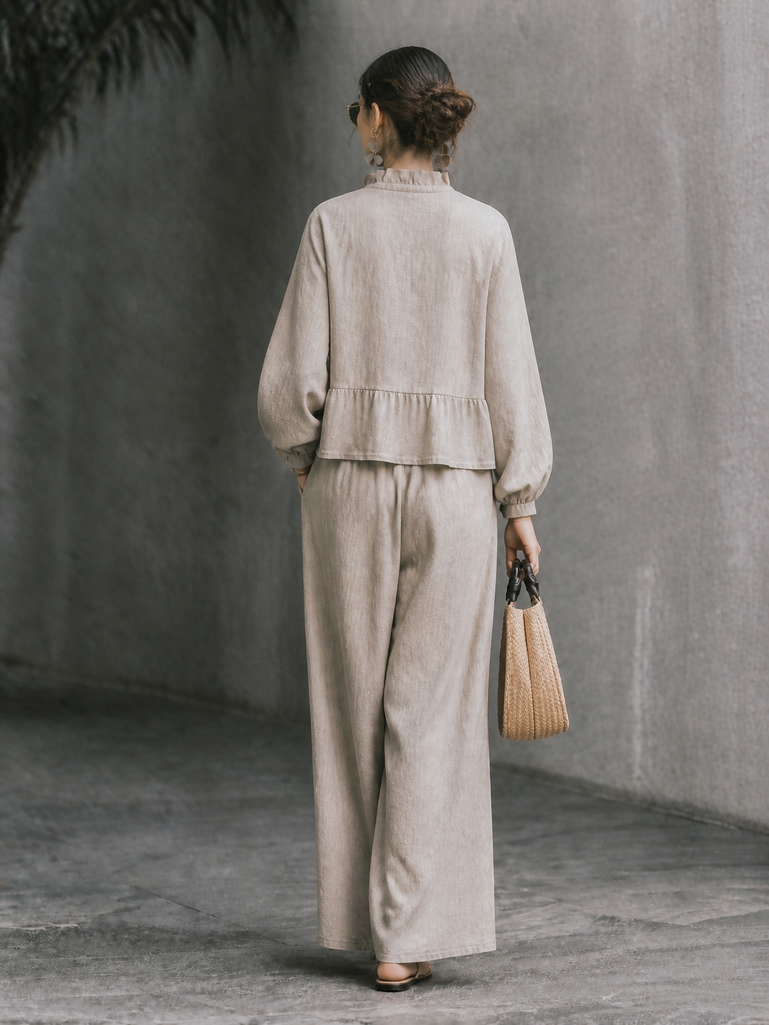 Women's Ruffle Collar Contrast Tie Vacation Cotton Linen Pants Set MDZ1445H6GMJ