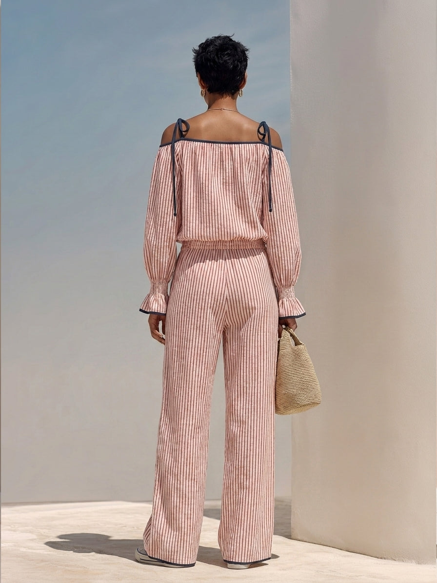 Women's Off-Shoulder Striped Cotton-Linen Jumpsuit With Tie Detail MDZ1424H9ZRK