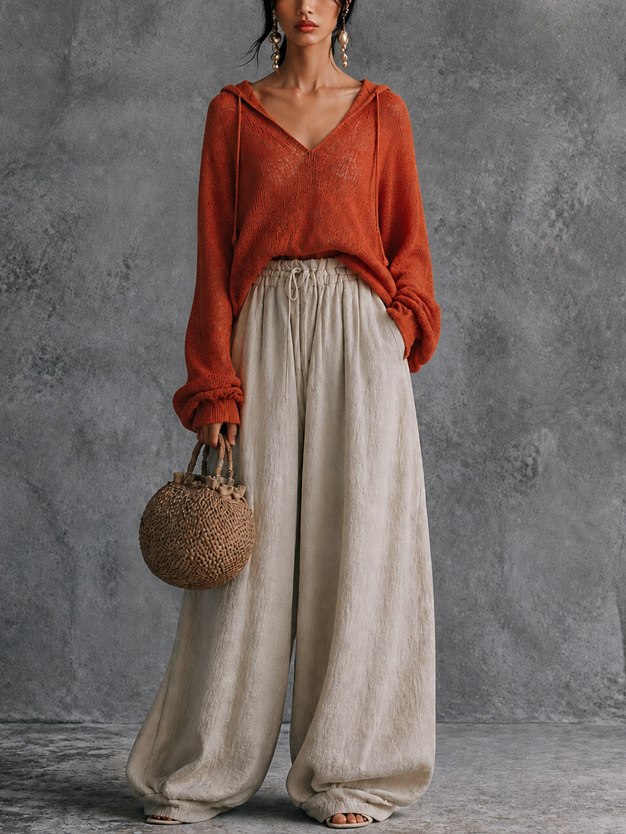 Women's Casual Knit Hooded Top Cotton Linen Wide-Leg Pants Set MDZ1457H5GMJ