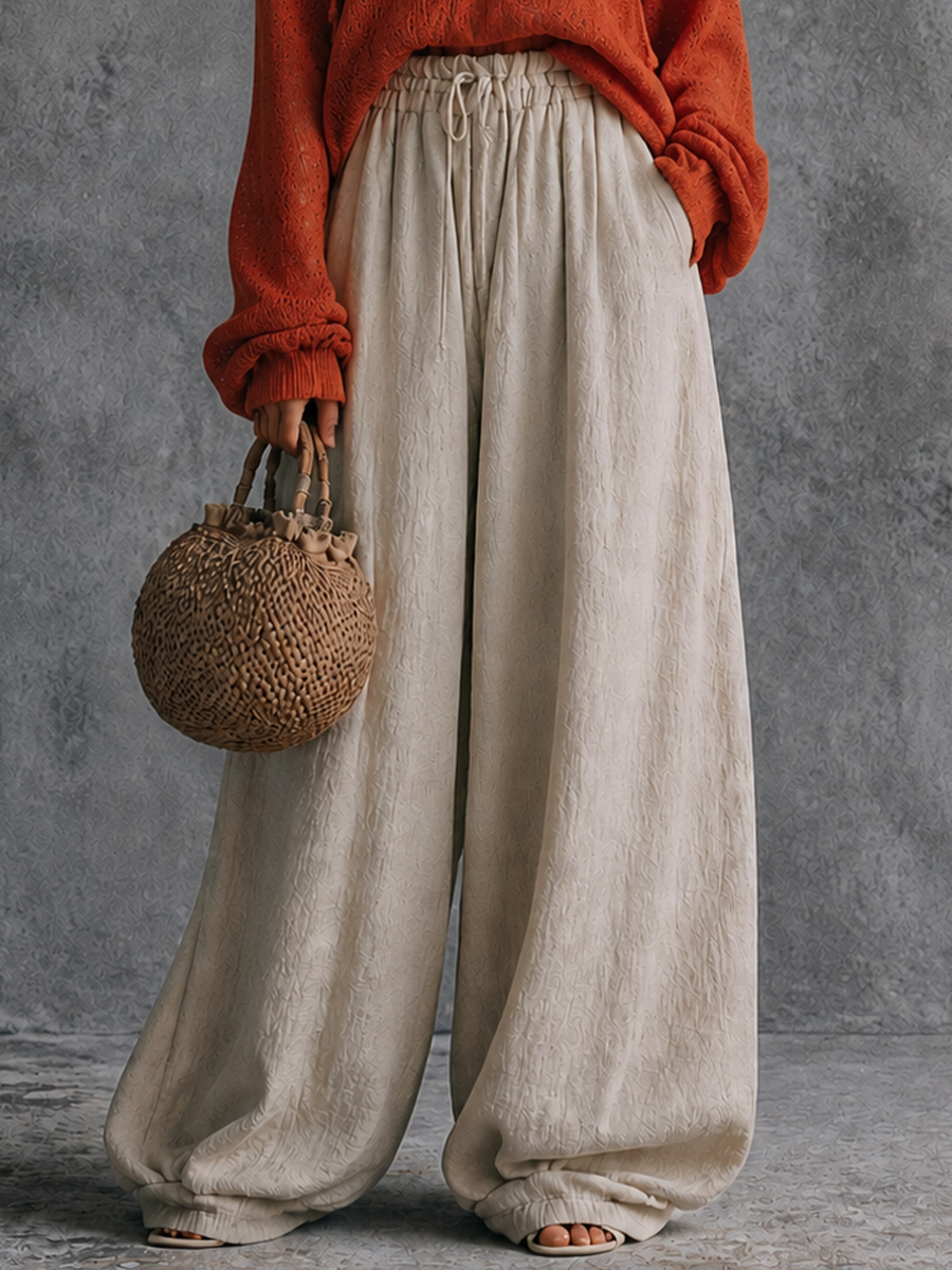 Women's Casual Knit Hooded Top Cotton Linen Wide-Leg Pants Set MDZ1457H5GMJ