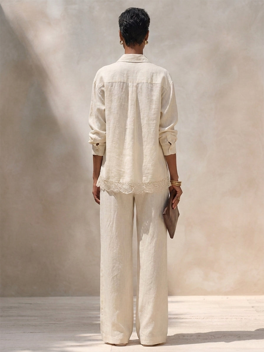 Women's Linen-Blend Shirt And Trouser Set With Lace Hem Detail MDZ1438H7ZRK