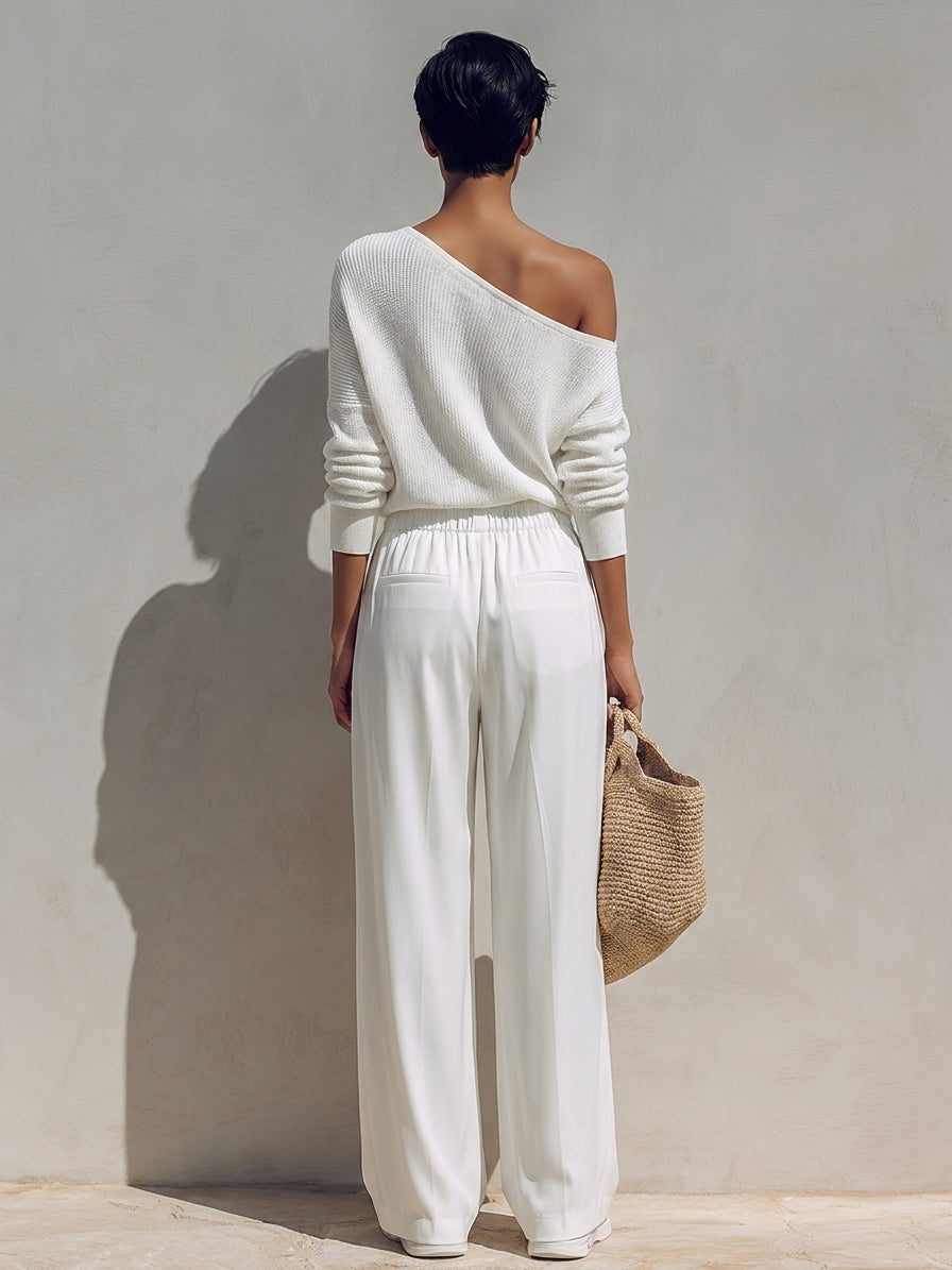 Women's Asymmetric One-Shoulder Knit Top & Wide-Leg Trousers Set MDZ1424H6ZRK