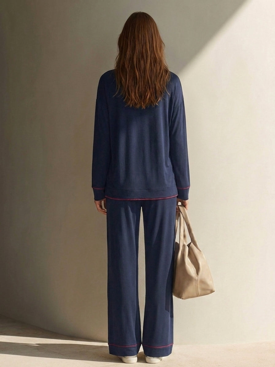 Women's Cotton-Blend V-Neck Long-Sleeve Top & Trouser Set With Contrast Trim MDZ1444H7ZRK