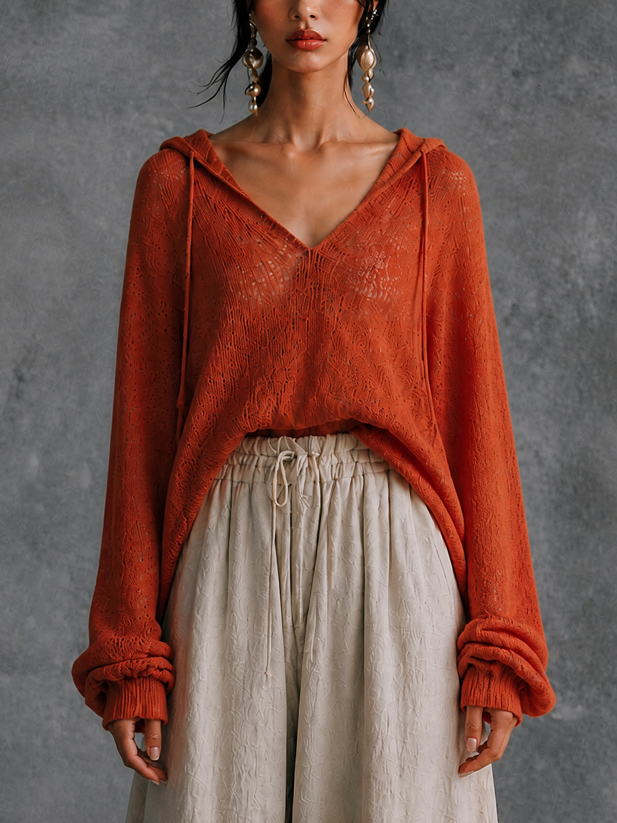 Women's Hooded Casual Knit V-Neck Top MDZ1457H7GMJ