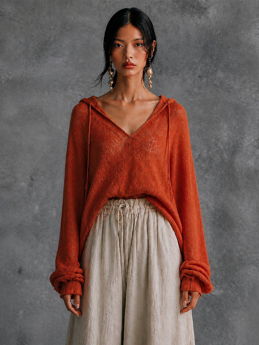 Women's Hooded Casual Knit V-Neck Top MDZ1457H7GMJ