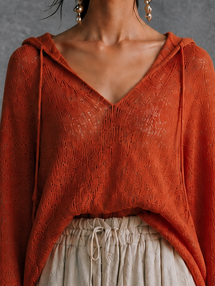 Women's Hooded Casual Knit V-Neck Top MDZ1457H7GMJ