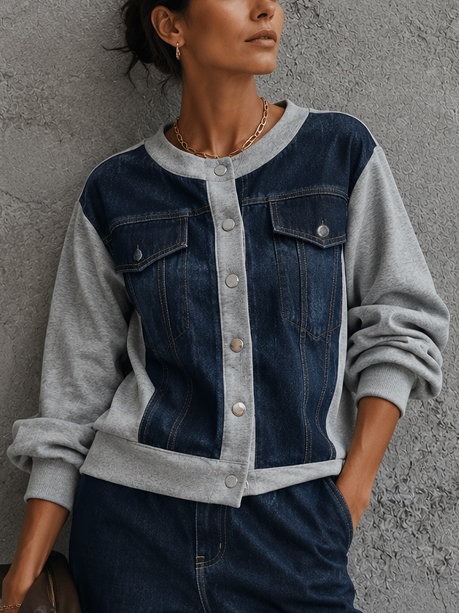 Women's Colorblock Casual Button-Front Long-Sleeve Top MDZ1417H1GMJ