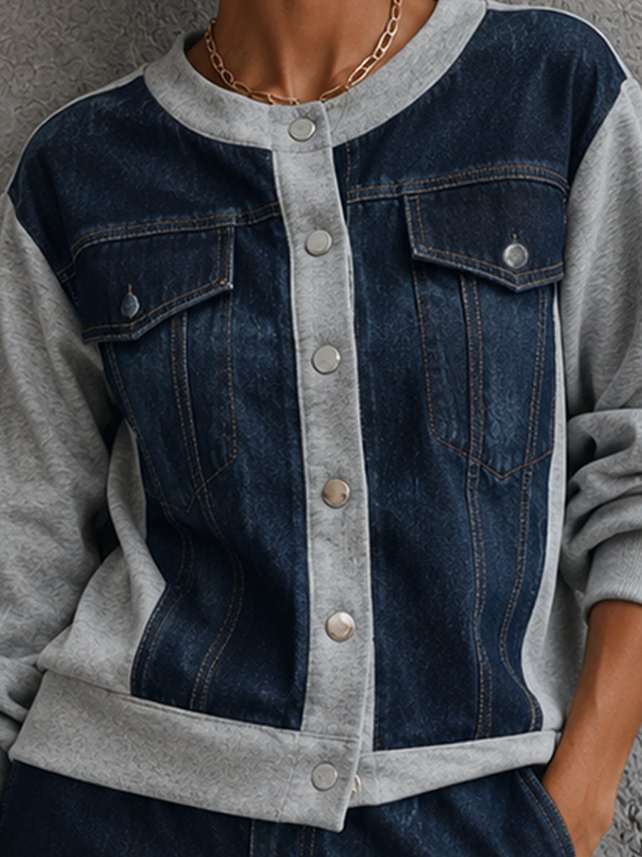 Women's Colorblock Casual Button-Front Long-Sleeve Top MDZ1417H1GMJ