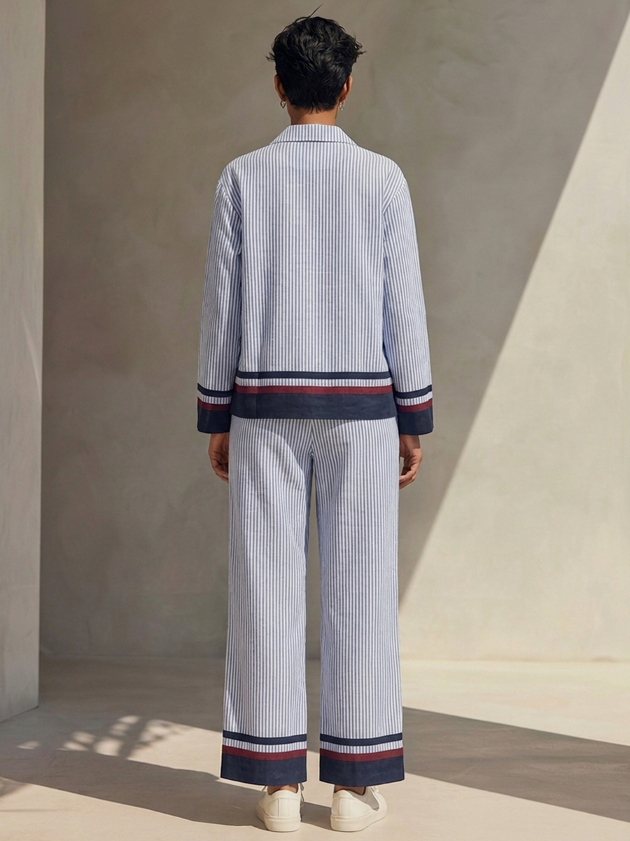Women's Striped Collared Zip-Up Top & Cropped Trousers Cotton-Linen Set MDZ1413H0ZRK