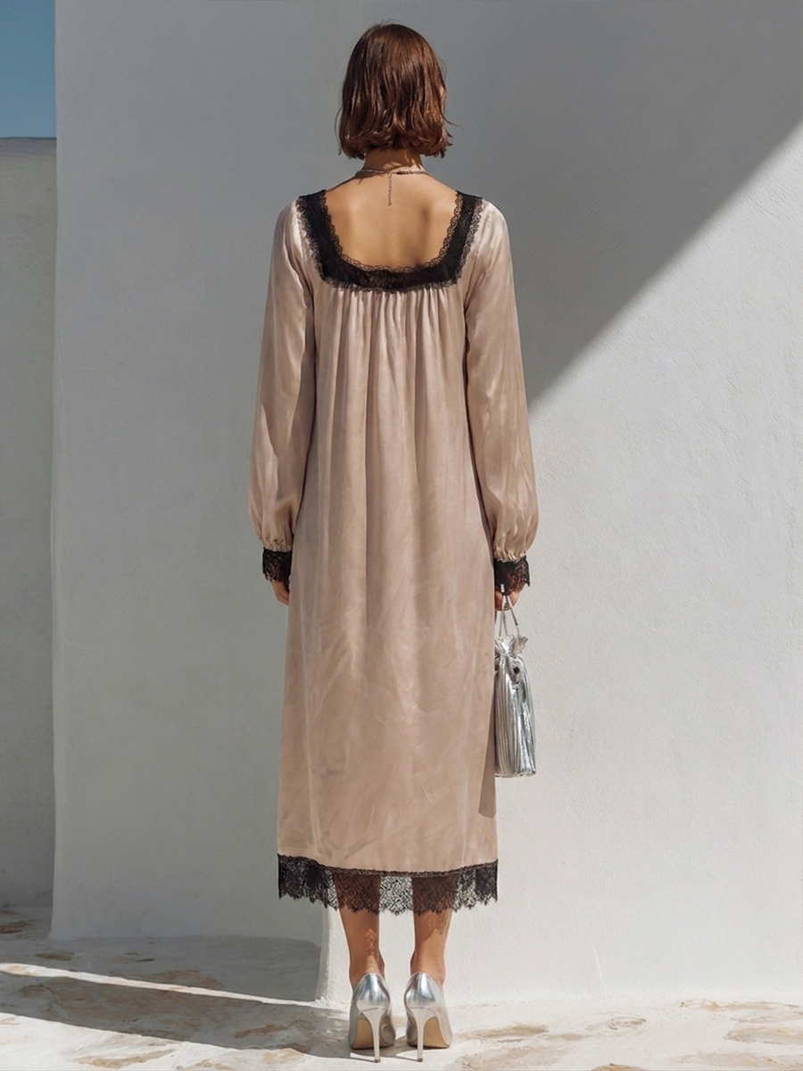 Women's Square-Neck Faux-Silk Maxi Dress With Lace Paneling MDZ1489H3ZRK