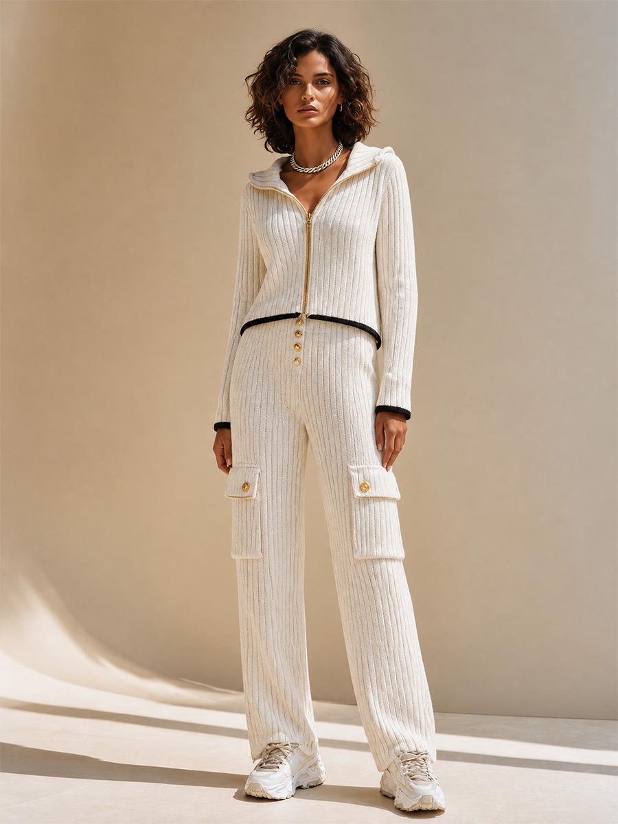 Women's Elegant Hooded Zip Black-Trim Long-Sleeve Top & Cargo-Pocket Wide-Leg Trouser Set MDZ1700H2CMX