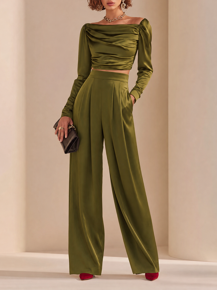 Women's Elegant Asymmetric-Neck Ruched Long-Sleeve Cropped Top & High-Waisted Wide-Leg Trouser Set MDZ1785H8CMX