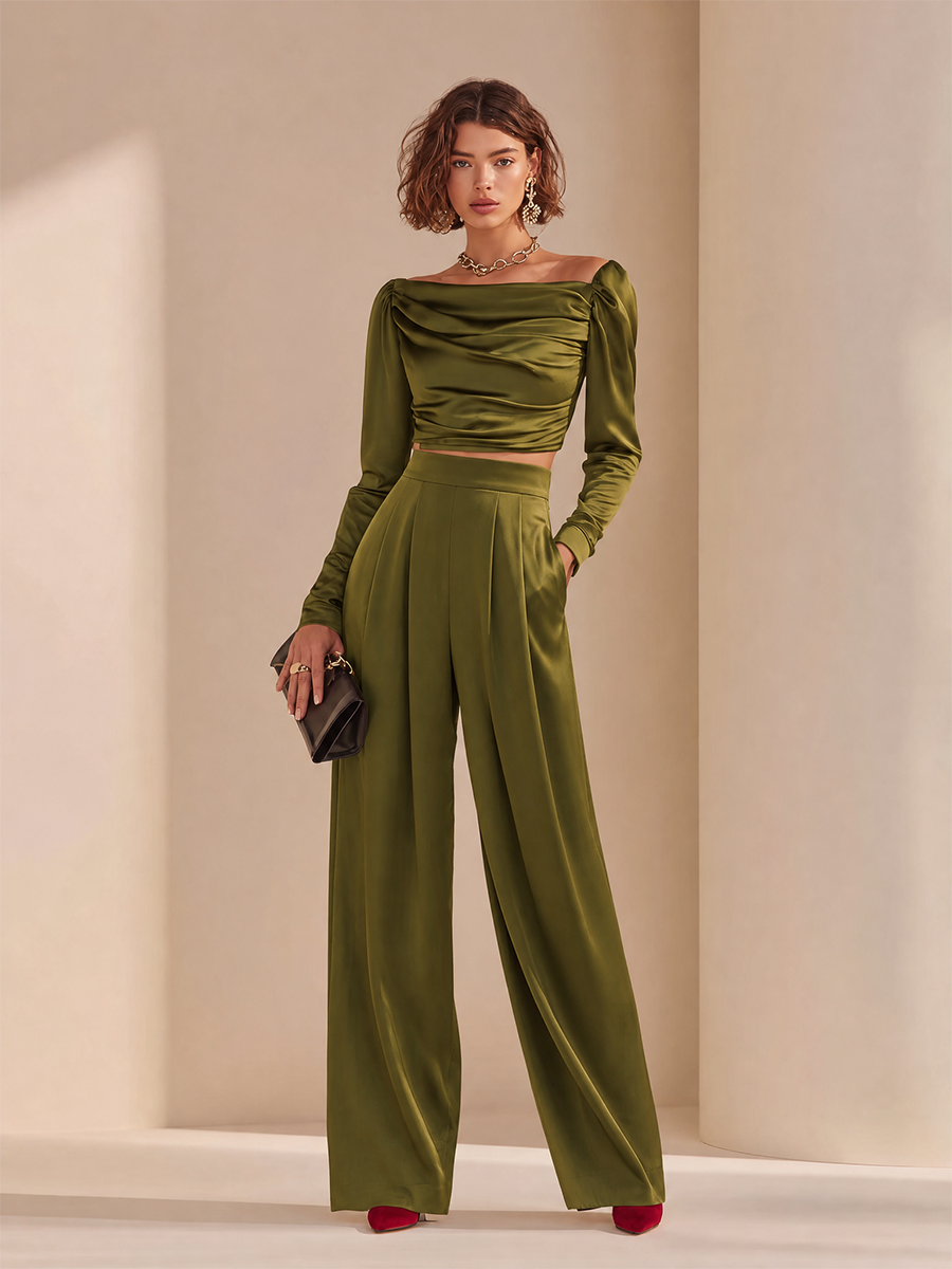 Women's Elegant Asymmetric-Neck Ruched Long-Sleeve Cropped Top & High-Waisted Wide-Leg Trouser Set MDZ1785H8CMX