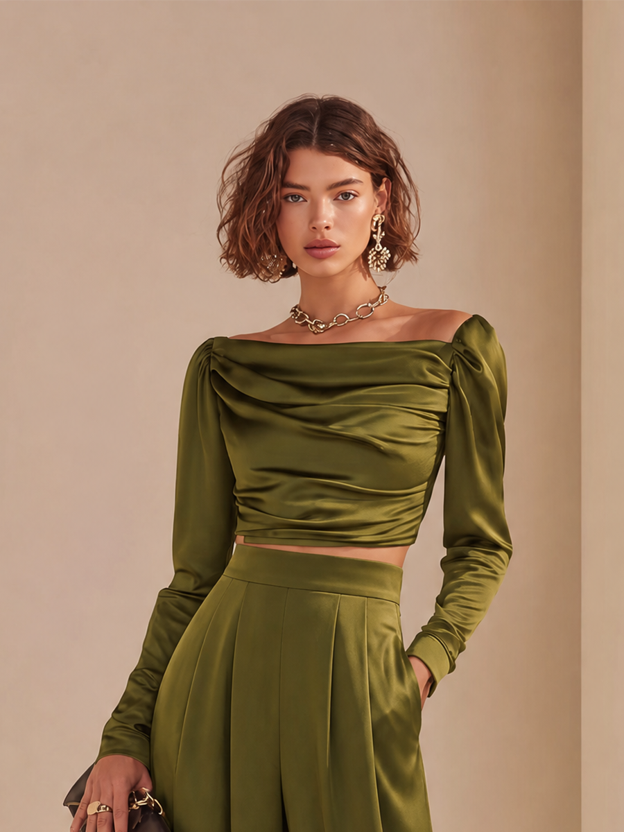 Women's Elegant Asymmetric-Neck Ruched Long-Sleeve Cropped Top & High-Waisted Wide-Leg Trouser Set MDZ1785H8CMX