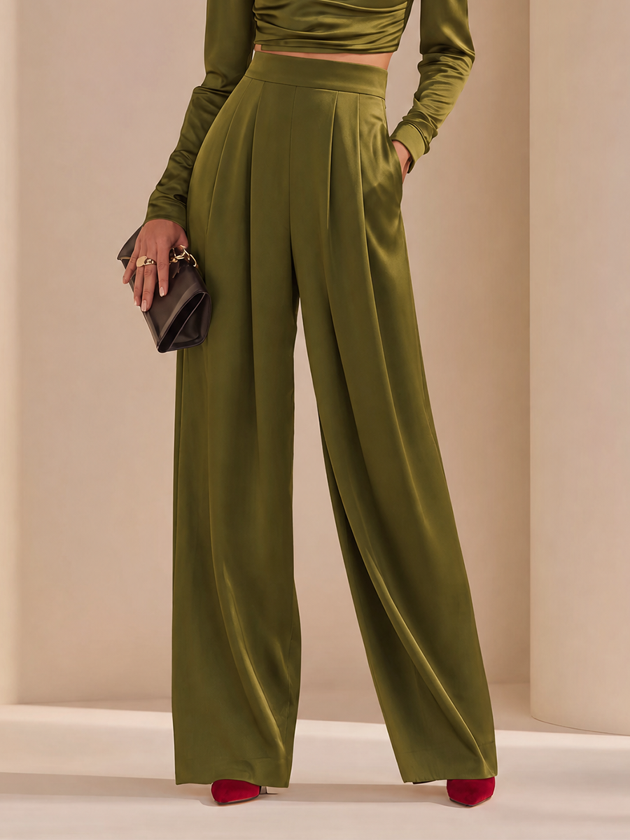 Women's Elegant Asymmetric-Neck Ruched Long-Sleeve Cropped Top & High-Waisted Wide-Leg Trouser Set MDZ1785H8CMX