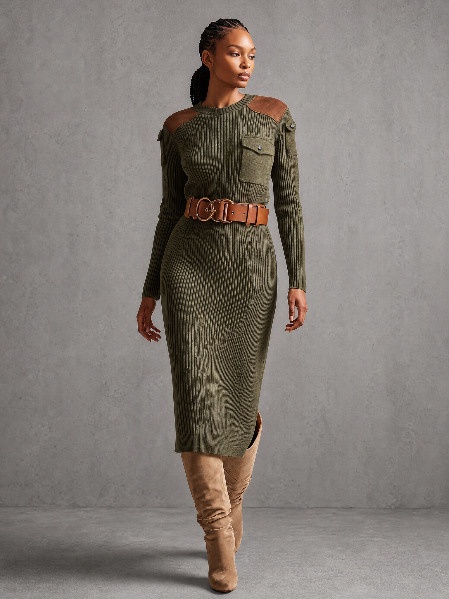 Women's Ribbed Knit Sweater Dress With Suede Shoulder Patches And Ches – Modesees