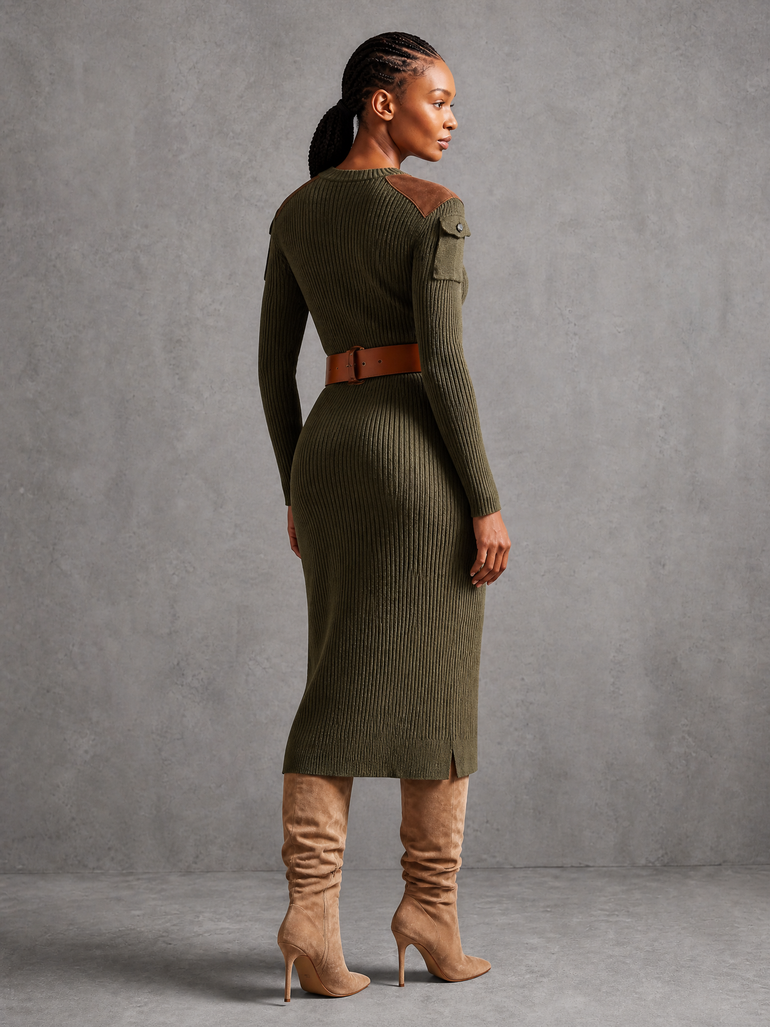 Women's Ribbed Knit Sweater Dress With Suede Shoulder Patches And Chest Pocket (Without Belt) MDZ1710H4YZJ