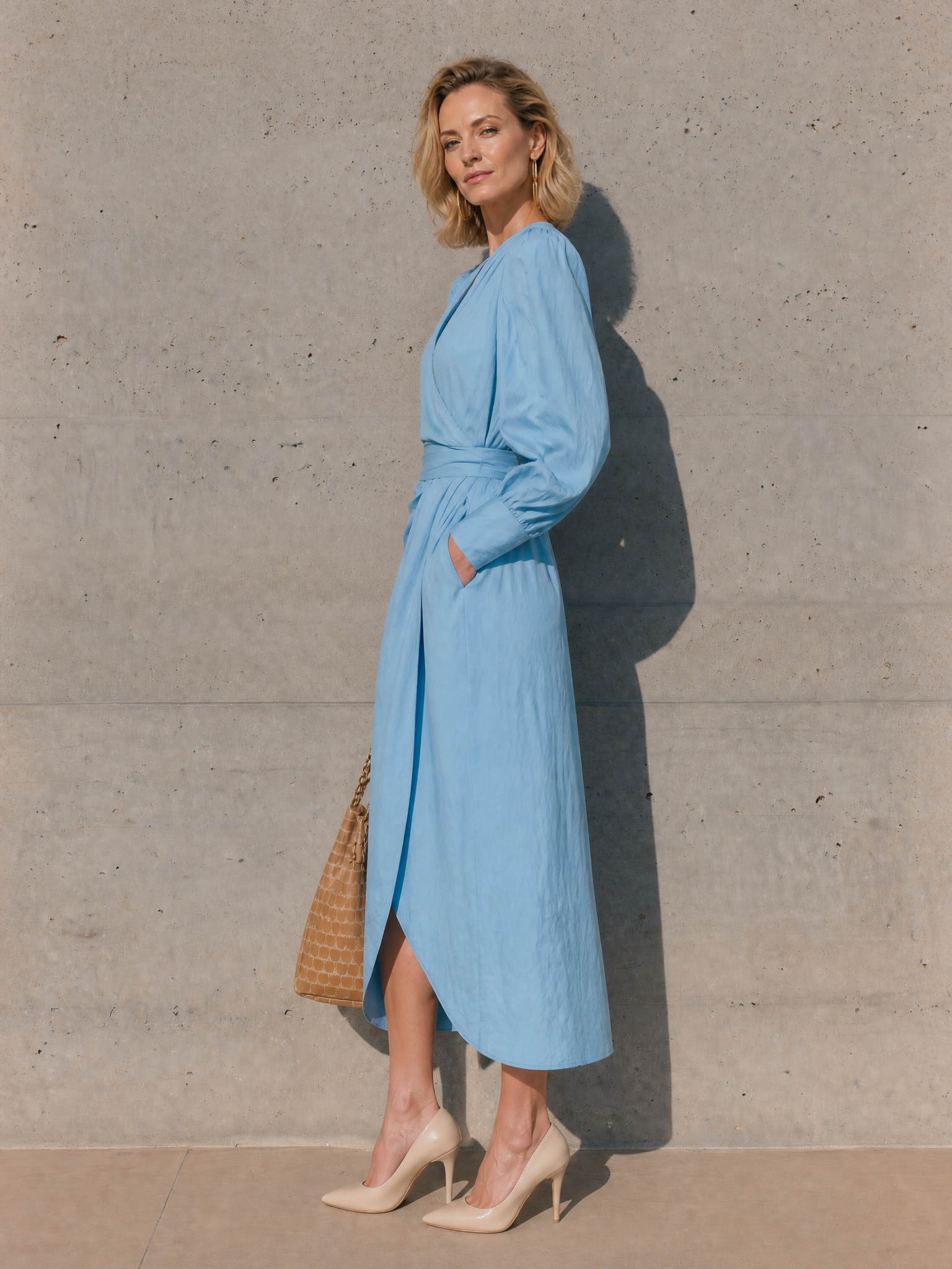 Women's V-Neck Wrap Long Sleeve Midi Dress MDZ1792H6YZJ