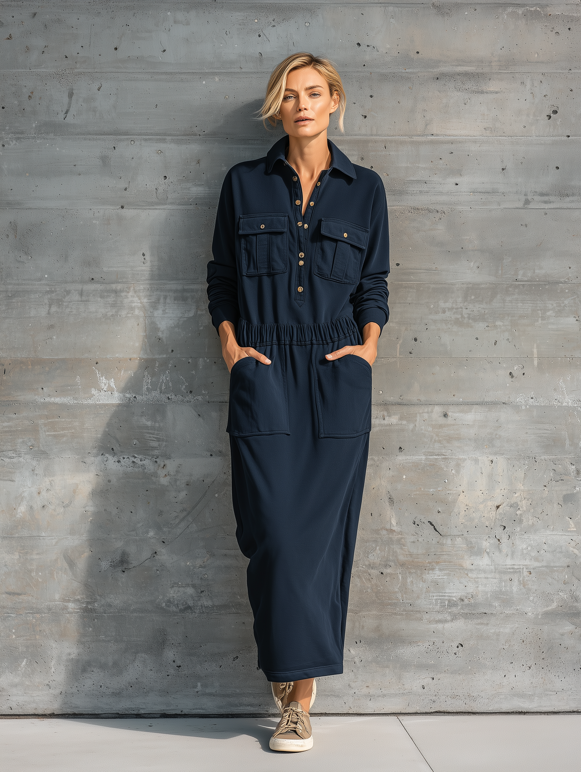 Women's Long Sleeve Collared Utility Maxi Dress With Pockets MDZ1725H0YZJ