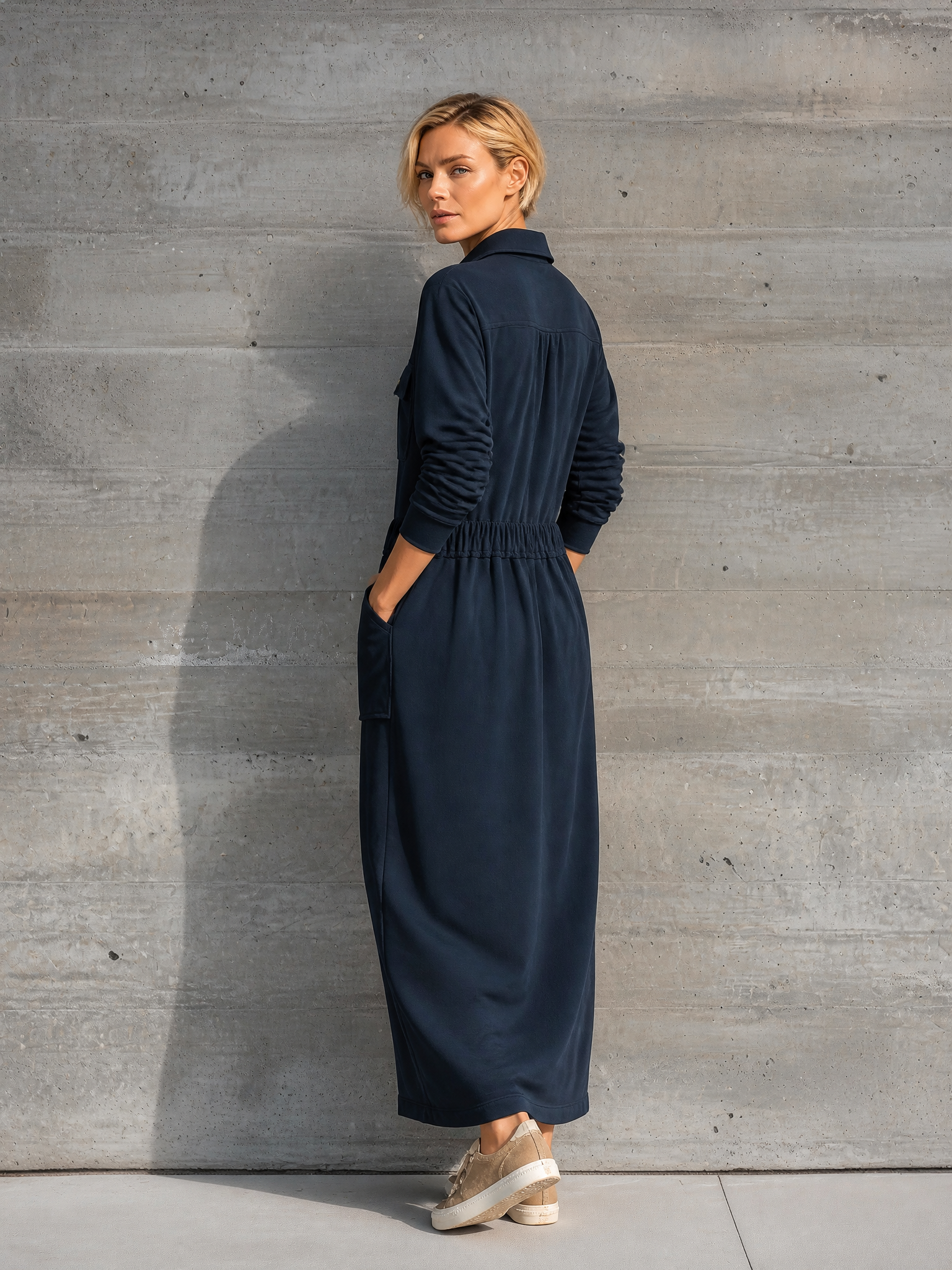 Women's Long Sleeve Collared Utility Maxi Dress With Pockets MDZ1725H0YZJ