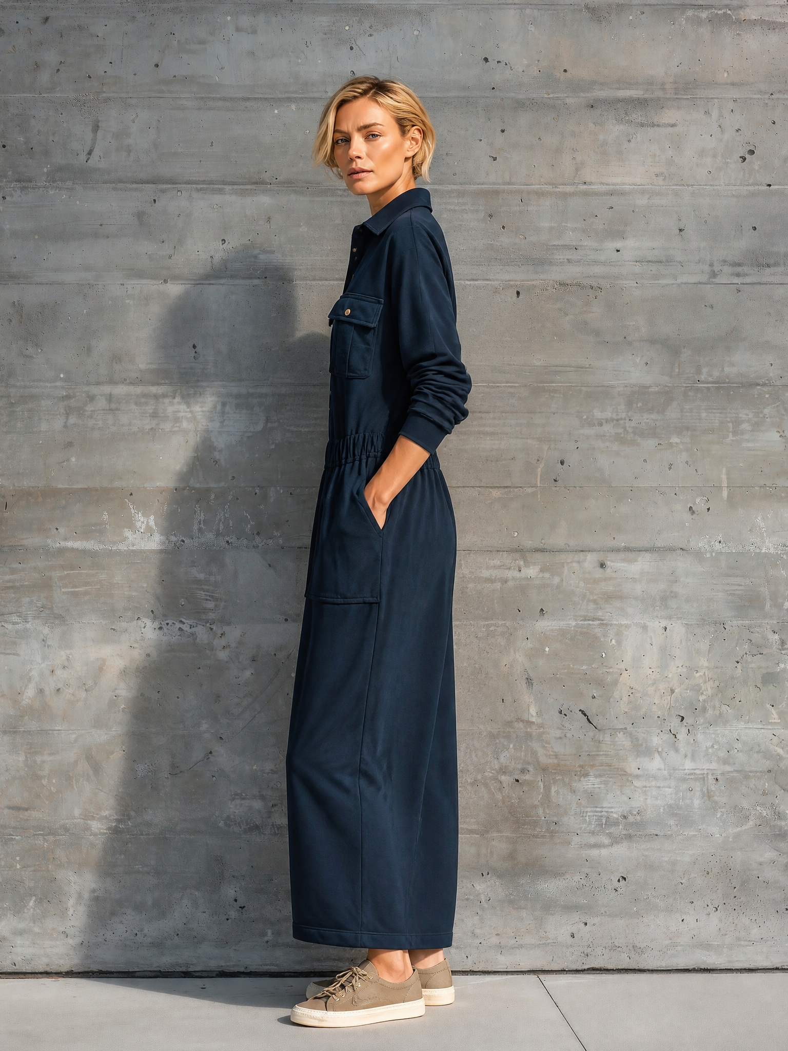 Women's Long Sleeve Collared Utility Maxi Dress With Pockets MDZ1725H0YZJ