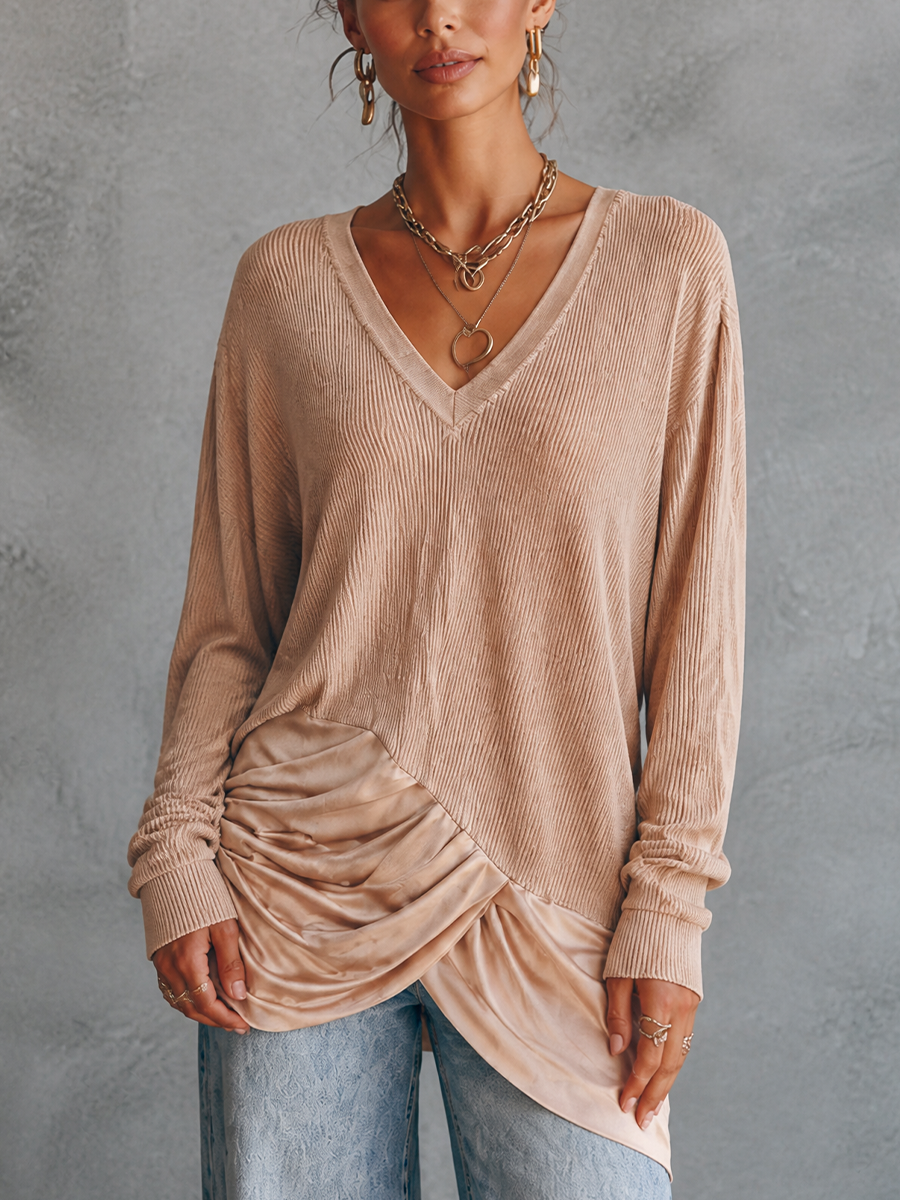 Women's Draped Panel Elegant Knit V-Neck Top MDZ1769H2GMJ